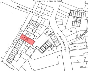 <p>Kaart van Berends uit 1974 waarop in rood Papenstraat 9 gearceerd is. </p>
